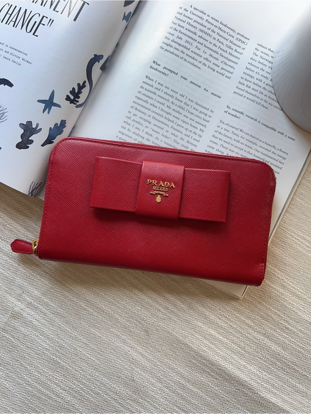 Prada Saffiano Fiocco Bow Zip Around Wallet Fuoco